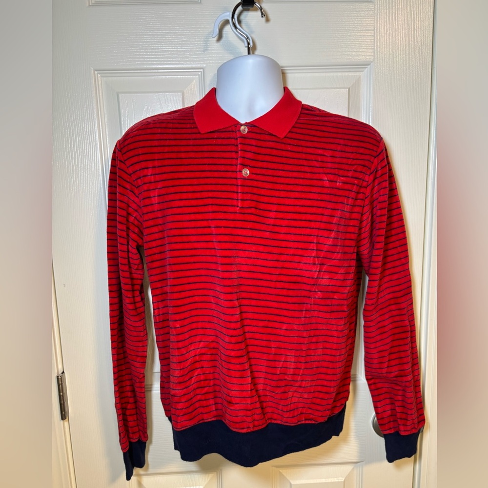 Vintage red and navy striped velour long sleeved polo shirt by Nicholas